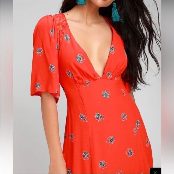Free People Mockingbird Coral Red Floral Backless Mini Dress - Picture 3 of 8